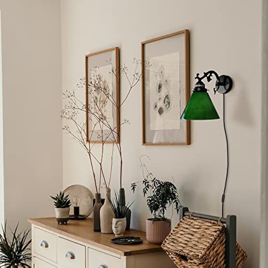 Kiven Plug in Wall Lamp,Green Industrial Wall Sconce with Glass Lampshade, 5.9ft Plug-in Cord, On/Off Switch, 1-Light Dimmable Wall Lights Fixtures for Bedside Reading E26 Base