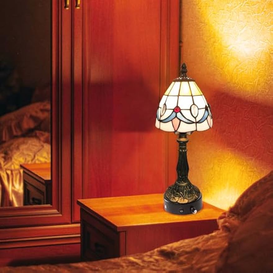 Kiven Cordless Table Lamp,1-Light Dimmable Bedside Lamps for Nightstand with Pink Glass Lampshade, Tiffany-Style Rechargeable Desk Lamp for Reading Home Decor Bedside TD0791