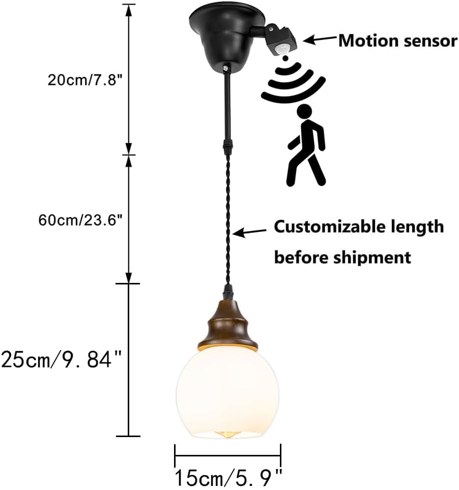 1.9ft Adjustable Cord E26 Connection Replacement Motion-Activated Ceiling Light Walnut Base White Glass Ball Shade Minimalist Pendant for Farmhouse Home Store(No Bulb)