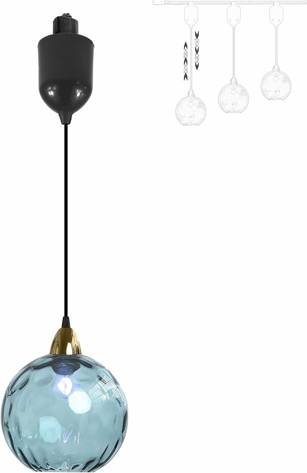 Adjustable blue glass Juno track pendant light, vintage style for kitchen or bar lighting, 4 ft cord, E26 socket