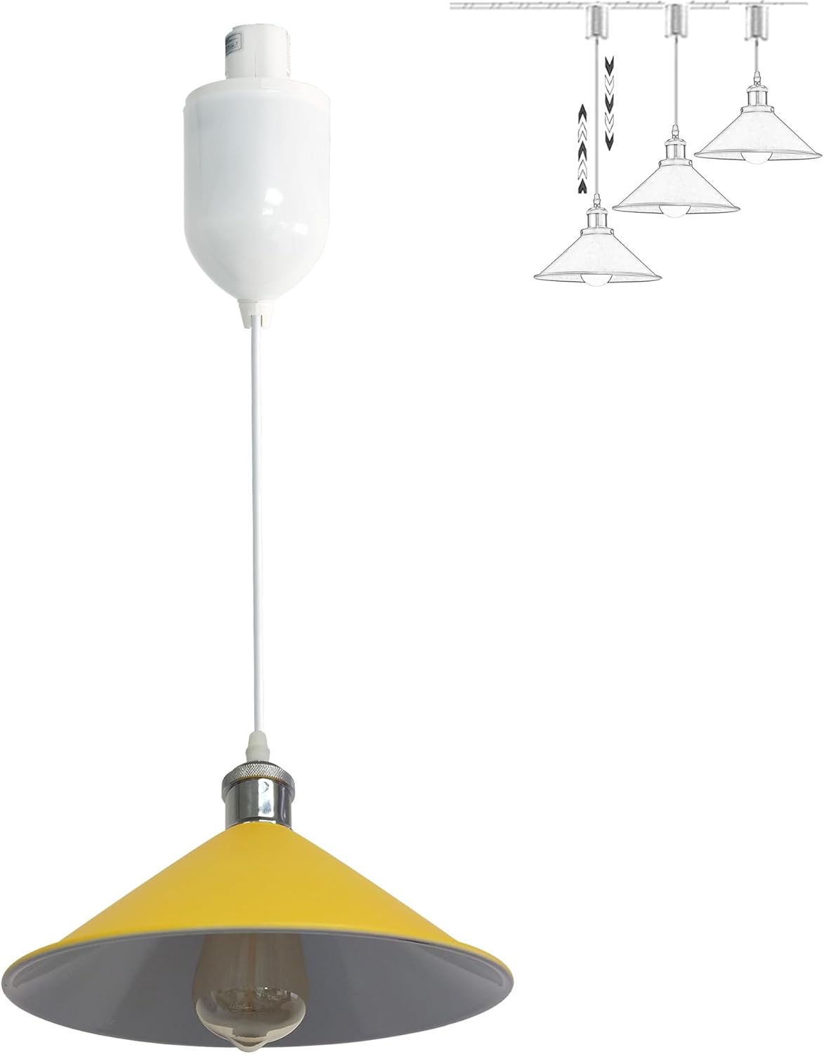 Yellow and gray industrial pendant light with adjustable height, H-type track mount.  Ideal for kitchen island lighting.