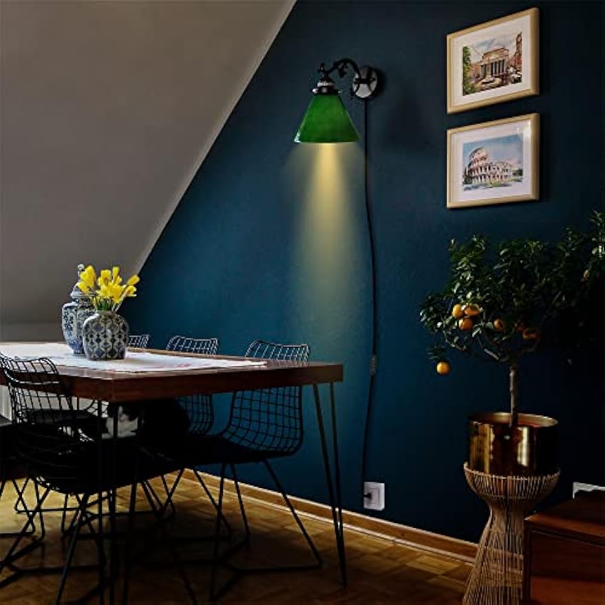 Kiven Plug in Wall Lamp,Green Industrial Wall Sconce with Glass Lampshade, 5.9ft Plug-in Cord, On/Off Switch, 1-Light Dimmable Wall Lights Fixtures for Bedside Reading E26 Base