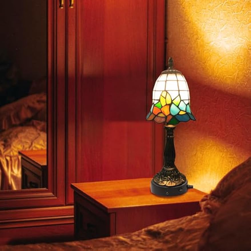 Kiven Cordless Table Lamp,1-Light Dimmable Bedside Lamps for Nightstand with Pink Glass Lampshade, Tiffany-Style Rechargeable Desk Lamp for Reading Home Decor Bedside TD0789