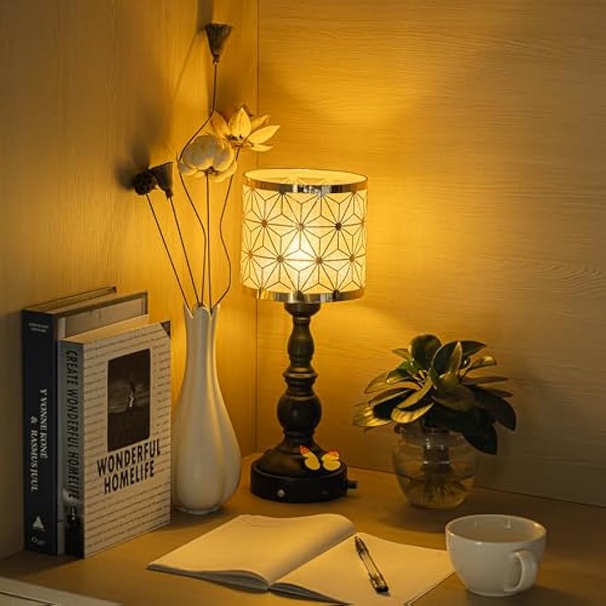 Kiven Cordless Table Lamp,Dimmable Rustic Farmhouse Bedside Desk Lamps with Metal Lampshade,2700K Warm White, Rechargeable Nightstand Lamp for Office Home Decor Bedside DZ0476-D
