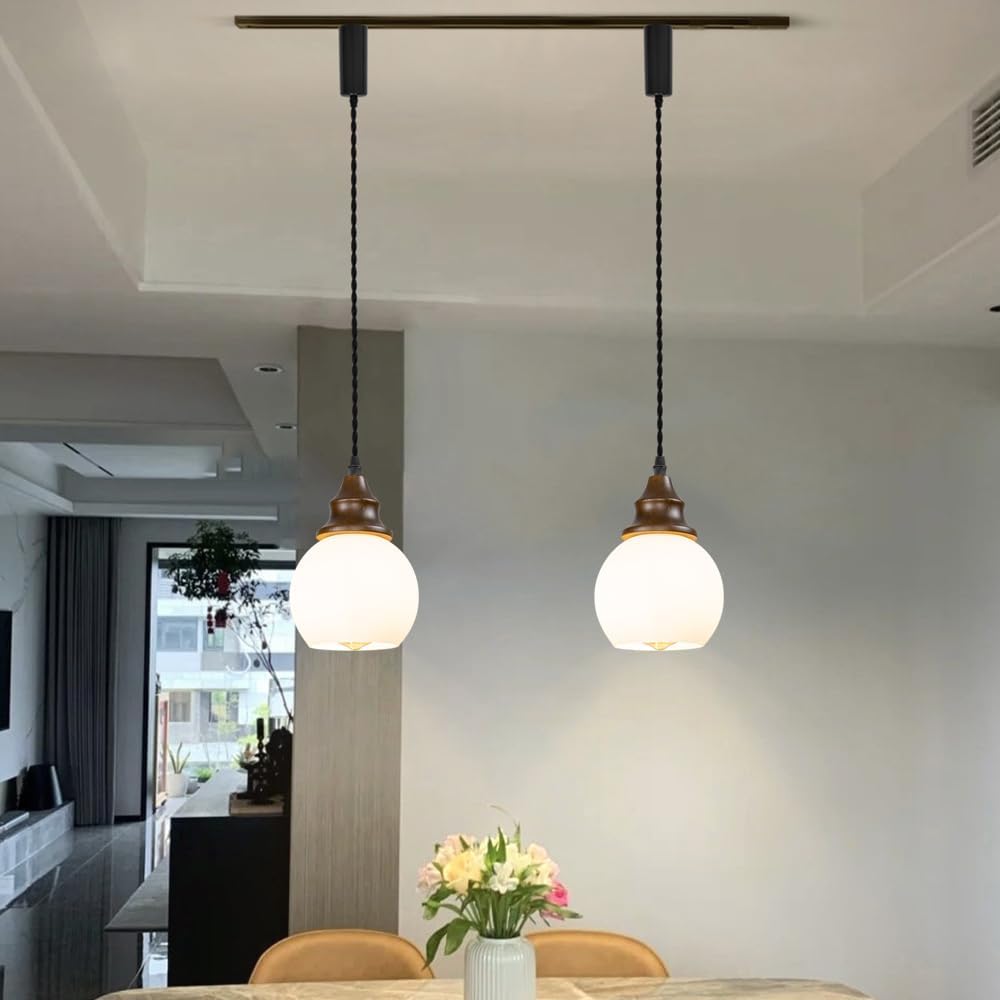 3.2ft Adjustable Cord H-Type Track Pendant Light E26 Walnut Base White Glass Ball Shade Dimmable Hanging Light Vintage Decor for Kitchen Home Office 1 Pcs(No Track)
