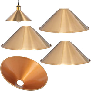 Industrial vintage gold metal cone shade for pendant light. E26 base compatible, DIY replacement lamp shade.