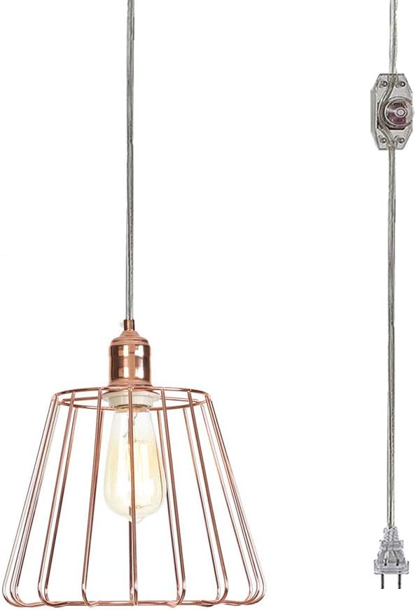Kiven Dimmable Swag Rose Gold Pendant Light with Adjustable Height, 20ft Plug - In Cord, E26 Base, No Wiring Needed for Dining/Living Room