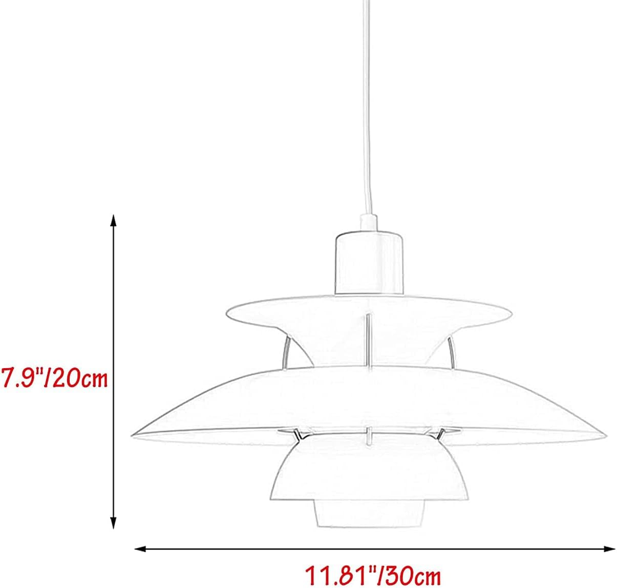 Kiven Plug-in Pendant Light, dimensions: 7.9"x20cm height, 11.81"x30cm width. Dimmable pendant, ideal for kitchen.