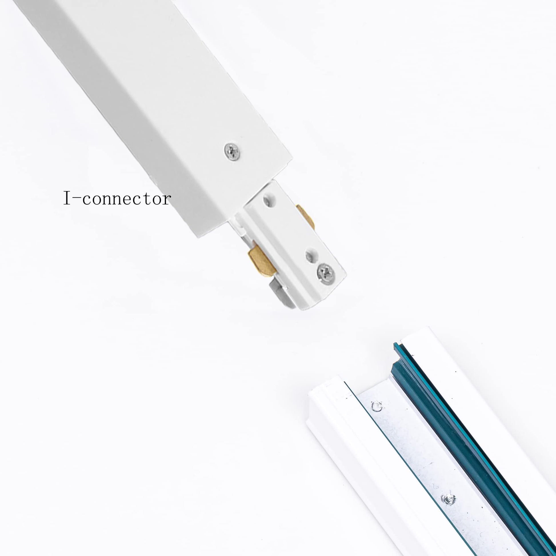 White H-track I-connector for track lighting system. H-type track connector components.