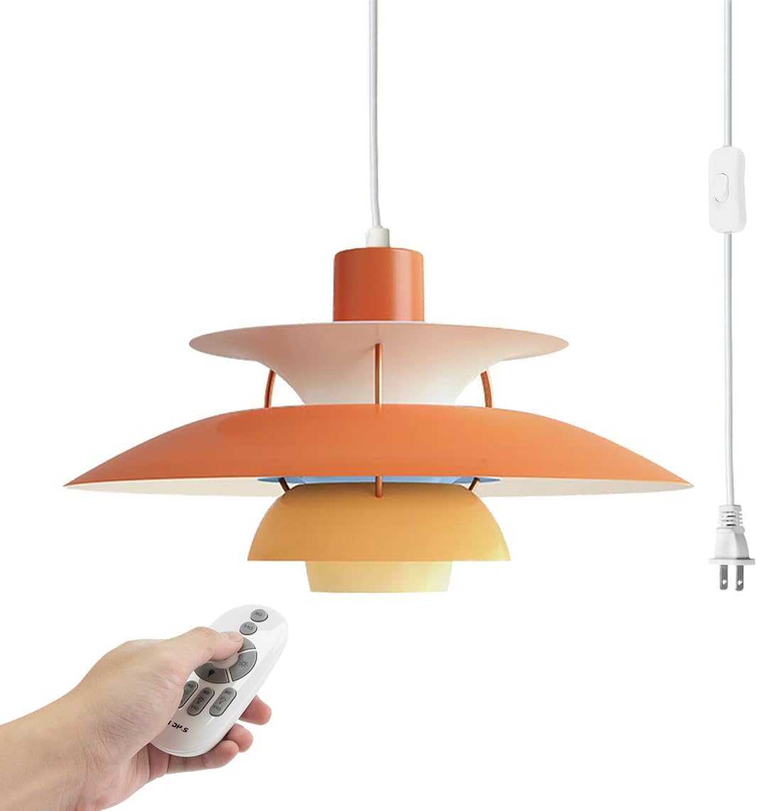 Orange Kiven Plug-in Pendant Light, dimmable and remote controlled, modern hanging light.
