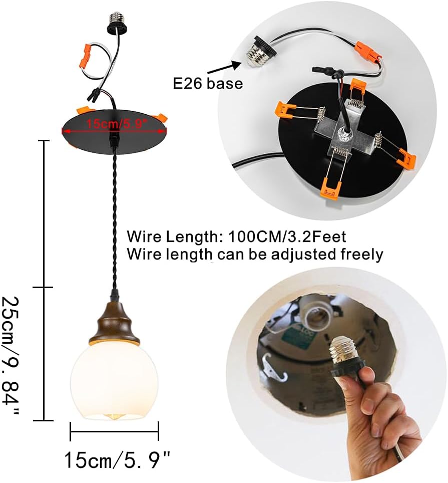 1 Pcs Recessed Retrofit Pendant Conversion Kit E26 Power Connector 3.2 Ft Adjusted Cord E26 Walnut Base White Glass Ball Shade Hanging Light Vintage Decor