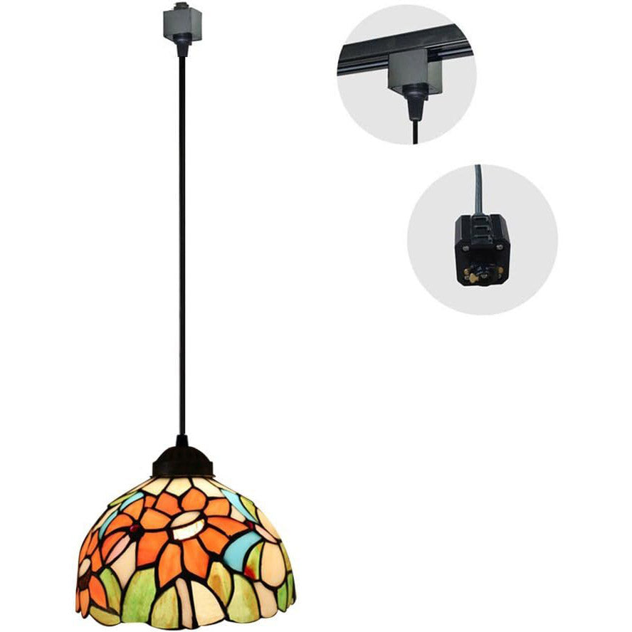 Kiven Tiffany-style H-Type track lighting pendant featuring stained glass shade, brown finish, ideal for kitchen or hallway.