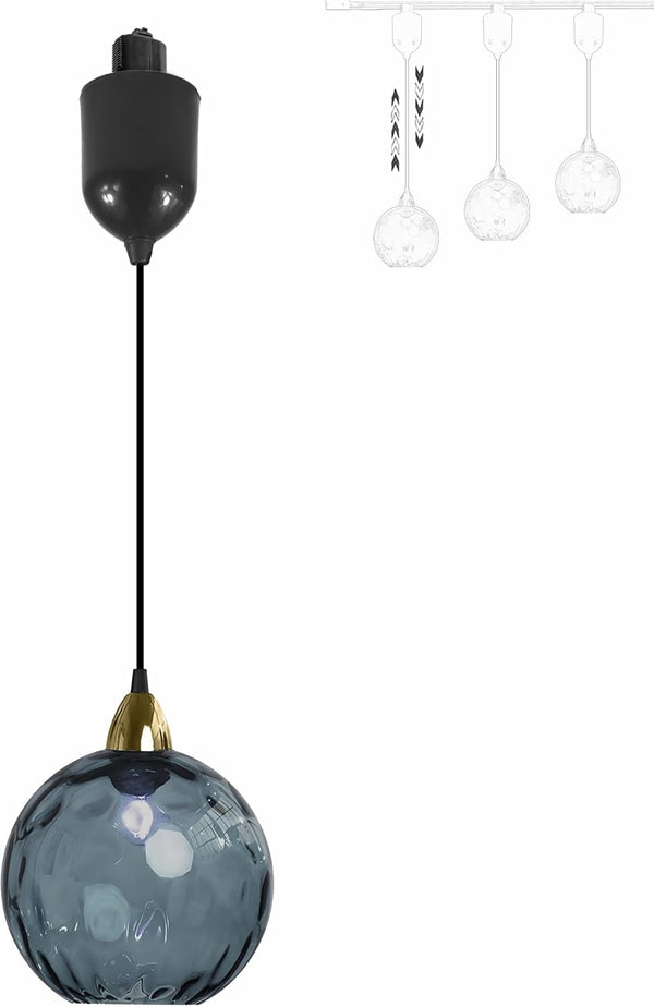 Adjustable blue hammered glass Juno track pendant with vintage style, ideal for kitchen or bar lighting
