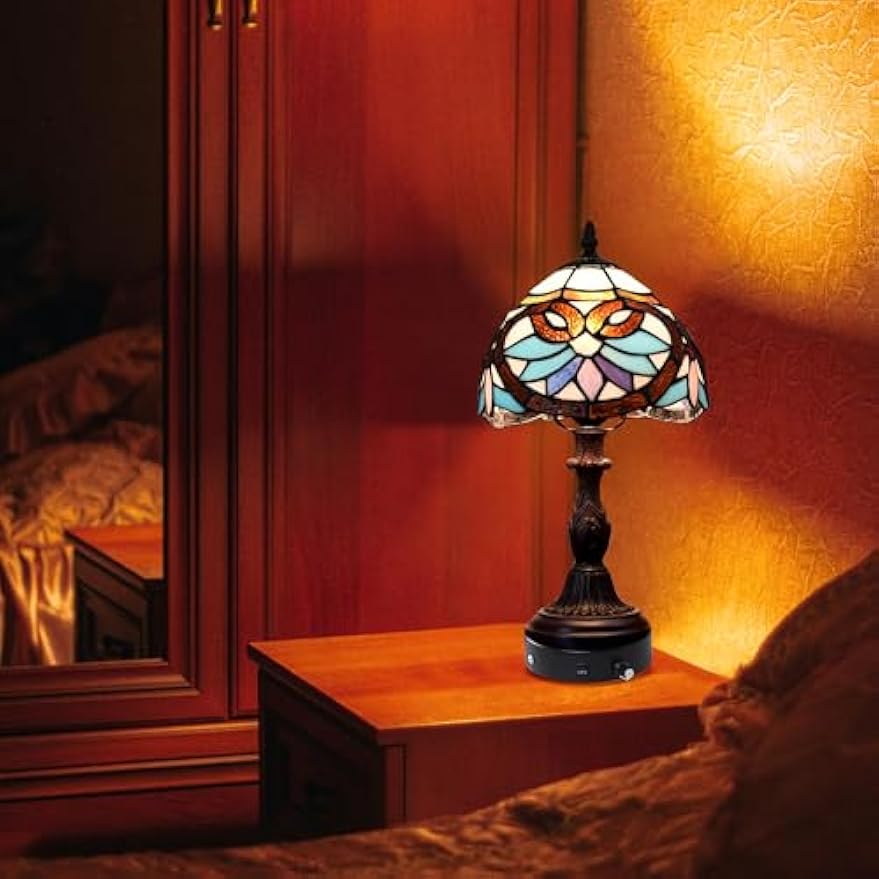 Kiven Cordless Table Lamp,1-Light Dimmable Bedside Lamps for Nightstand with Pink Glass Lampshade, Tiffany-Style Rechargeable Desk Lamp for Reading Home Decor Bedside TD0763