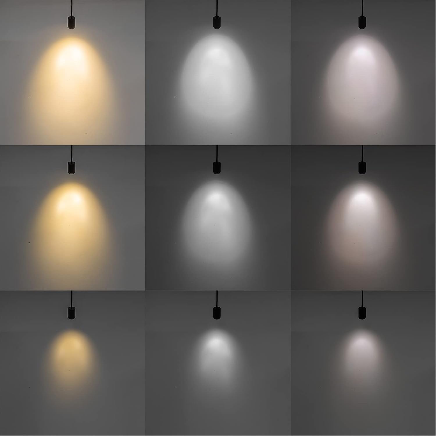 Kiven track light showcasing warm, neutral, and cool white LED color temperature options.