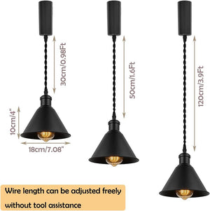 Adjustable wire length black metal pendant light fixture for loft, aisle, or bar. Industrial design, E26 base.