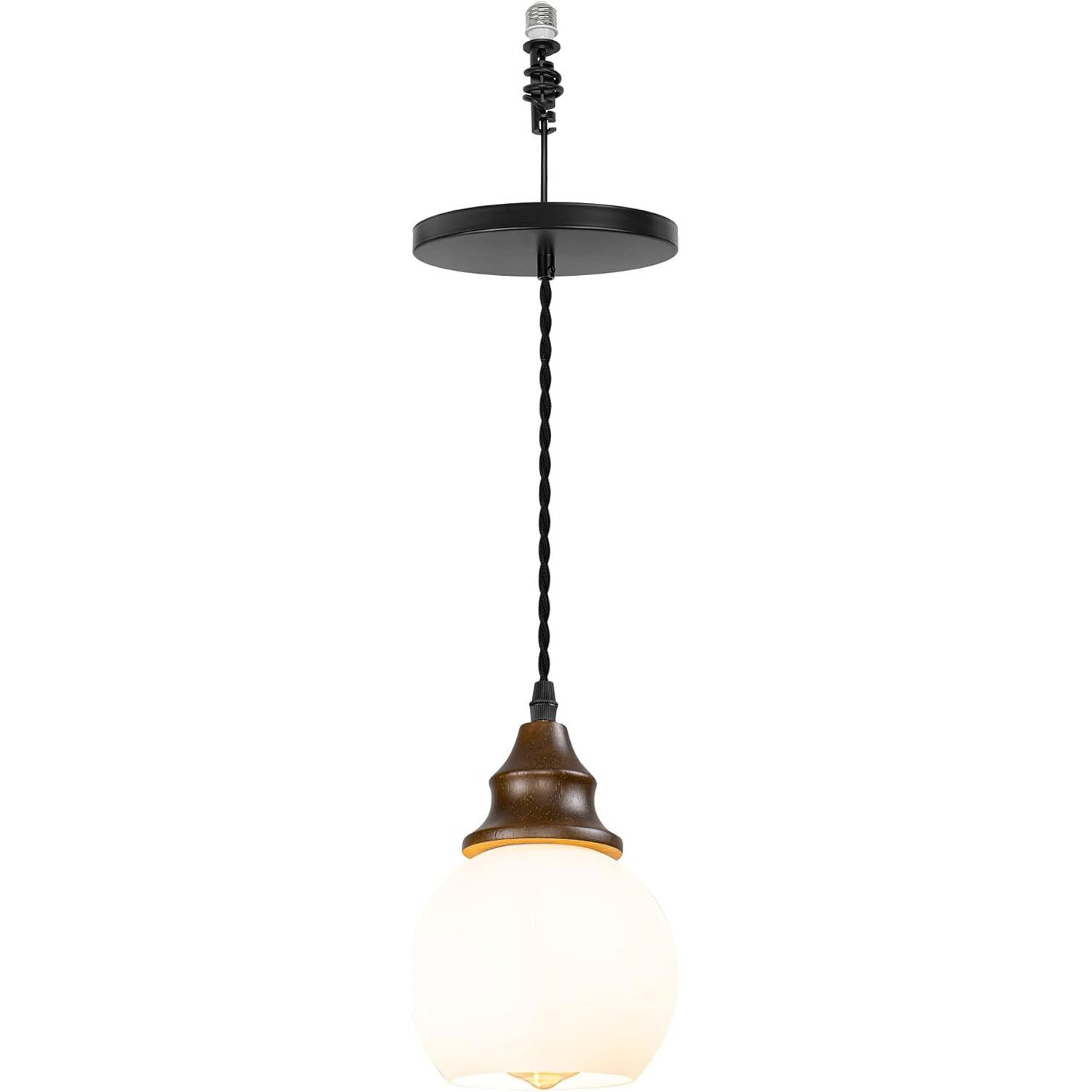 Black 7" Metal Dome Instant Pendant Walnut Base White Glass Ball Shade Vintage Design Hanging Lamp 4"-6" Recessed Light Replacement Downlight for Kitchen(No Bulb)