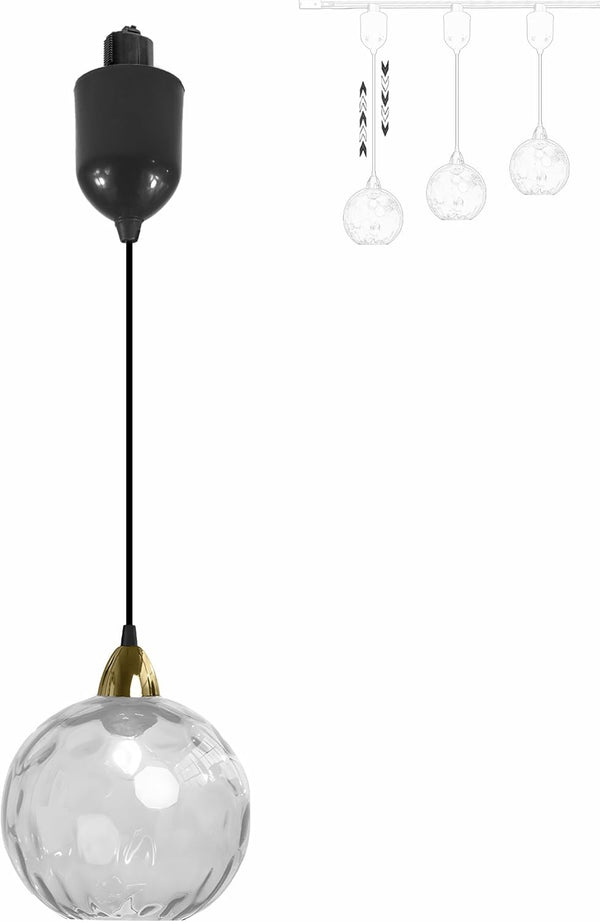 Clear glass Juno pendant track light, adjustable height, perfect for kitchen or bar lighting. Vintage style.