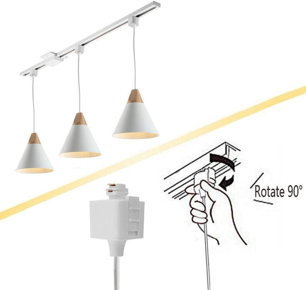 White Scandinavian pendant track lights with wood accents, featuring 90° rotation installation for kitchen/dining.