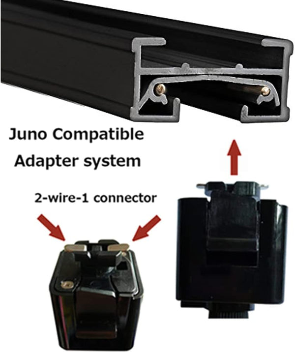 Juno compatible track adapter system, 2-wire-1 connector, black metal track for kitchen, bar, and ceiling lighting.