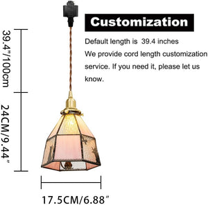 Pink Tiffany style H-Type track pendant light with cat design, customizable for kitchen or hallway. Stained glass lampshade.