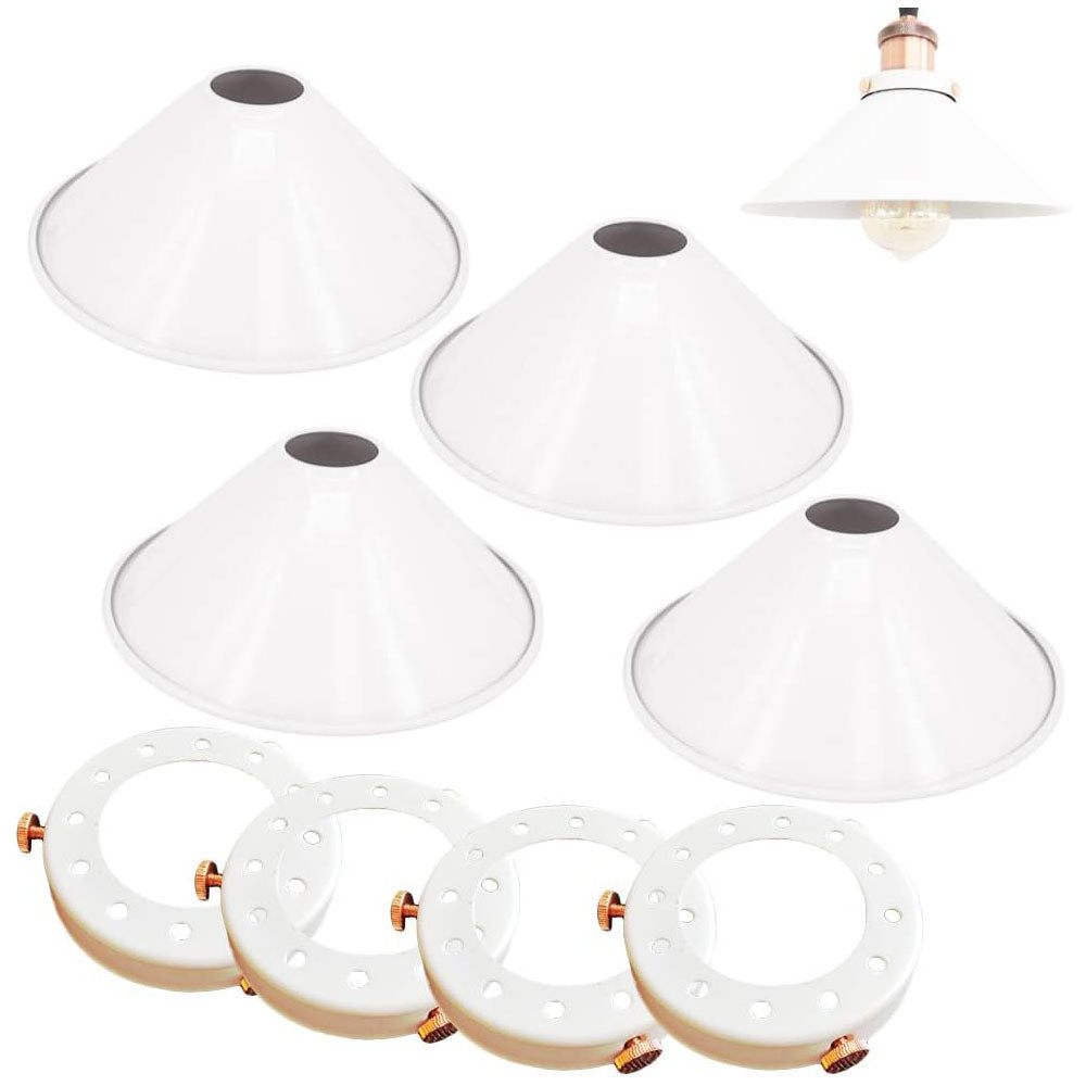 4-Pack 8.7" Industrial Vintage Metal Bulb Guard Iron Cone Hanging Ceiling Pendant Light Holder Decorative Lamp Shade Decorative Ring Included(White)