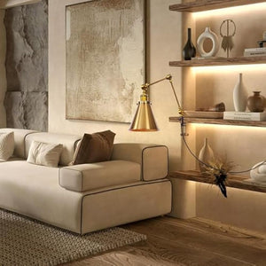 Kiven gold clamp lamp, dimmable, flexible swing arm, illuminating a living room, industrial design.