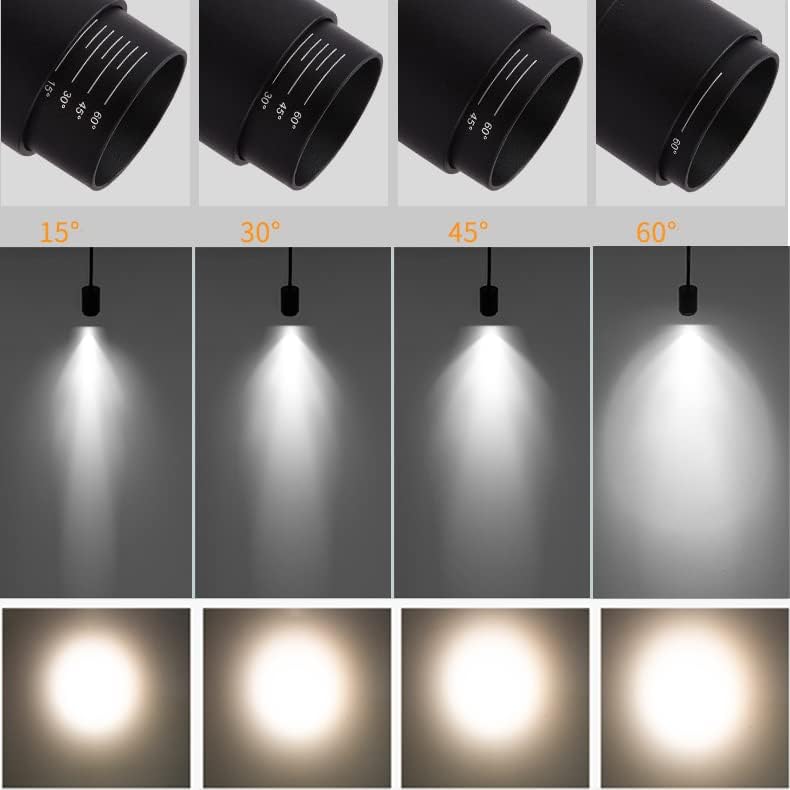 Adjustable beam angle spotlights, showcasing 15° to 60° light beams. Black track lighting head for various lighting needs.