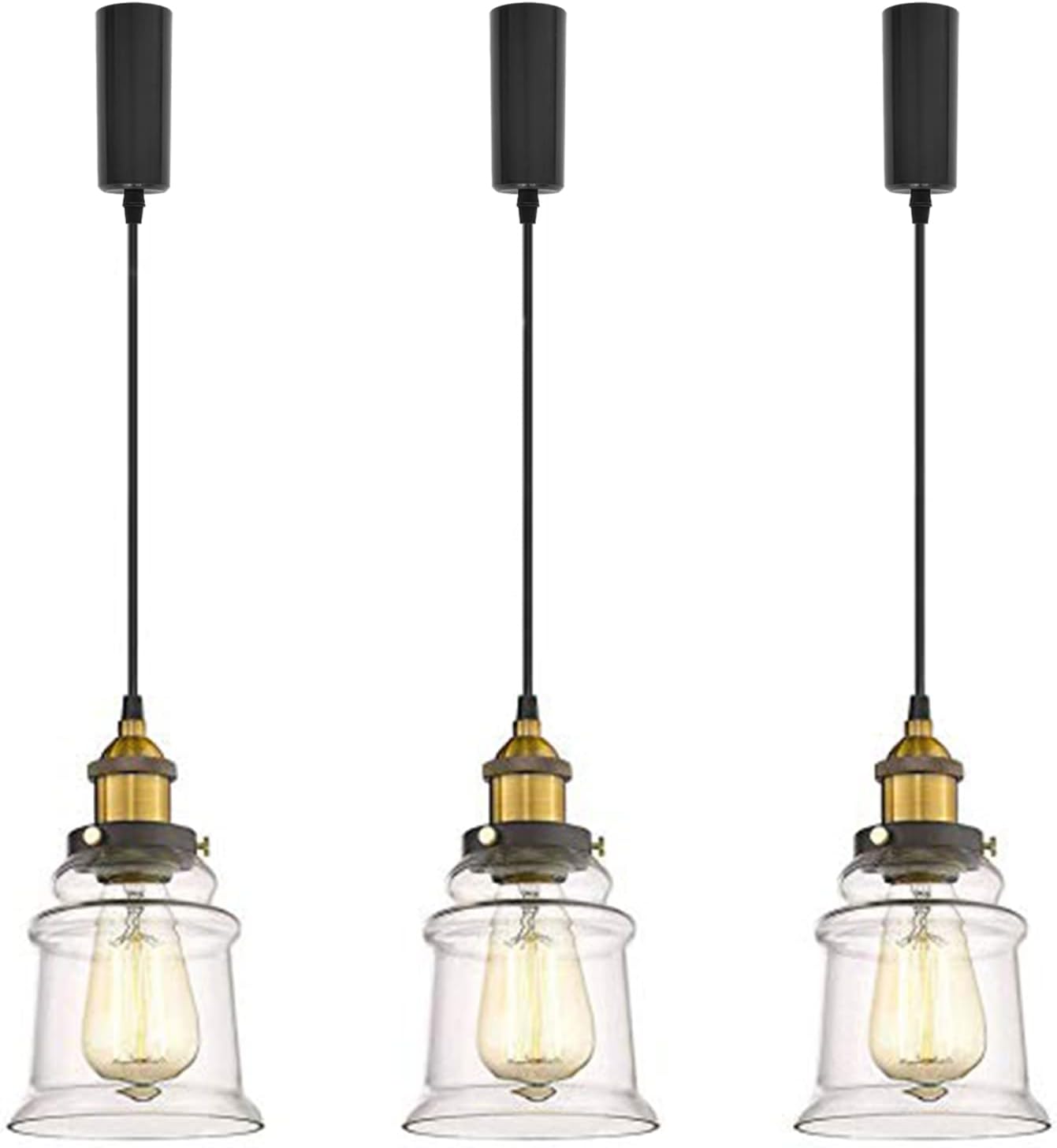 Kiven 3-Pack H/J Track Fixtures, Vintage Industrial Pendant Light w/ 5.12" Glass Shade, Dimmable