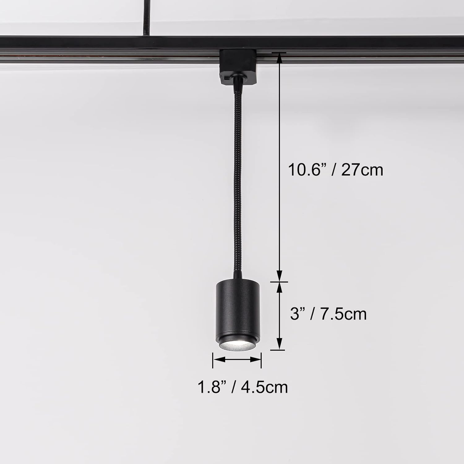 Black Kiven 3-light track light with gooseneck. Dimensions: 10.6"/27cm, 3"/7.5cm, 1.8"/4.5cm. Modern halo lighting fixture.