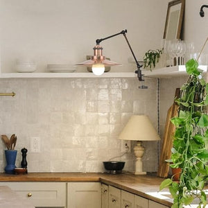 Kiven Copper Red Plug-in Clip-on Desk Lamp in kitchen. Flexible arm and decorative clamp design, ideal for office or home.