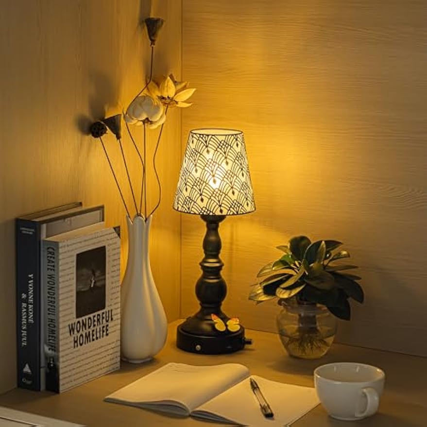 Kiven Cordless Table Lamp,Dimmable Rustic Farmhouse Bedside Desk Lamps with Metal Lampshade,2700K Warm White, Rechargeable Nightstand Lamp for Office Home Decor Bedside DZ0474