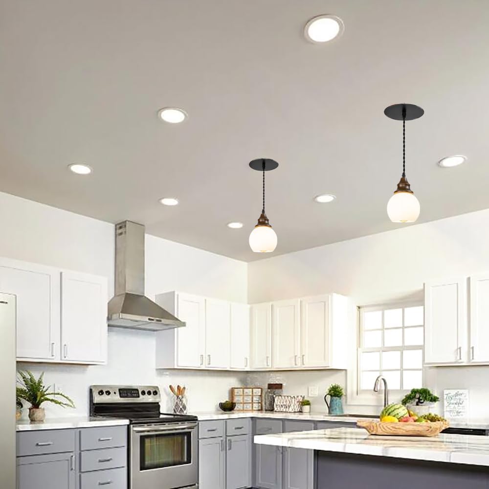 1 Pcs Recessed Retrofit Pendant Conversion Kit E26 Power Connector 3.2 Ft Adjusted Cord E26 Walnut Base White Glass Ball Shade Hanging Light Vintage Decor