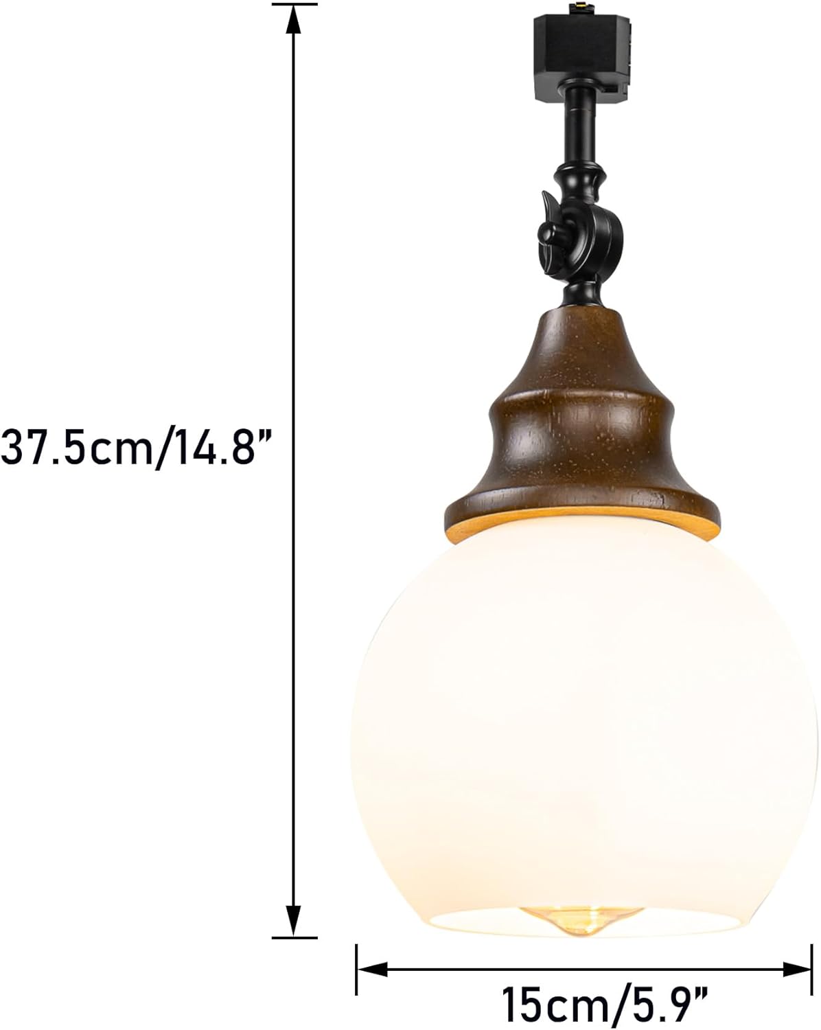 Kiven Adjustable Angle J-Type Track Head E26 Walnut Base White Glass Ball Shade Tracking Pendant Light Vintage Decor for Kitchen Home Office 1 Pcs(No Bulb, Track)