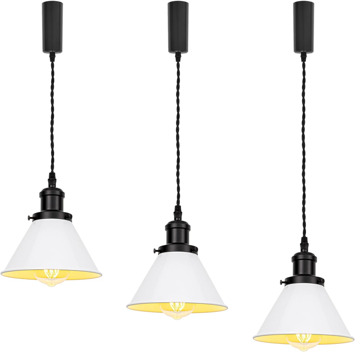 3-Pack black and white industrial pendant lights with adjustable wire, E26 base, for loft, aisle, or bar.