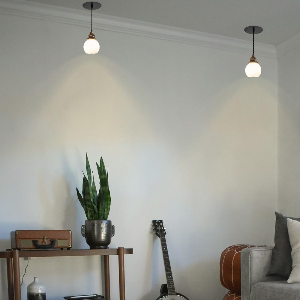 1 Pcs Recessed Retrofit Pendant Conversion Kit E26 Power Connector 3.2 Ft Adjusted Cord E26 Walnut Base White Glass Ball Shade Hanging Light Vintage Decor