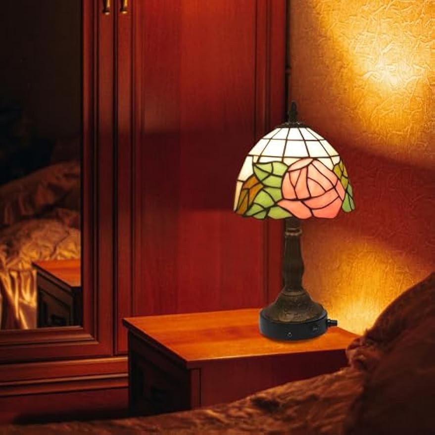 Kiven Cordless Table Lamp,1-Light Dimmable Bedside Lamps for Nightstand with Pink Glass Lampshade, Tiffany-Style Rechargeable Desk Lamp for Reading Home Decor Bedside TD0767