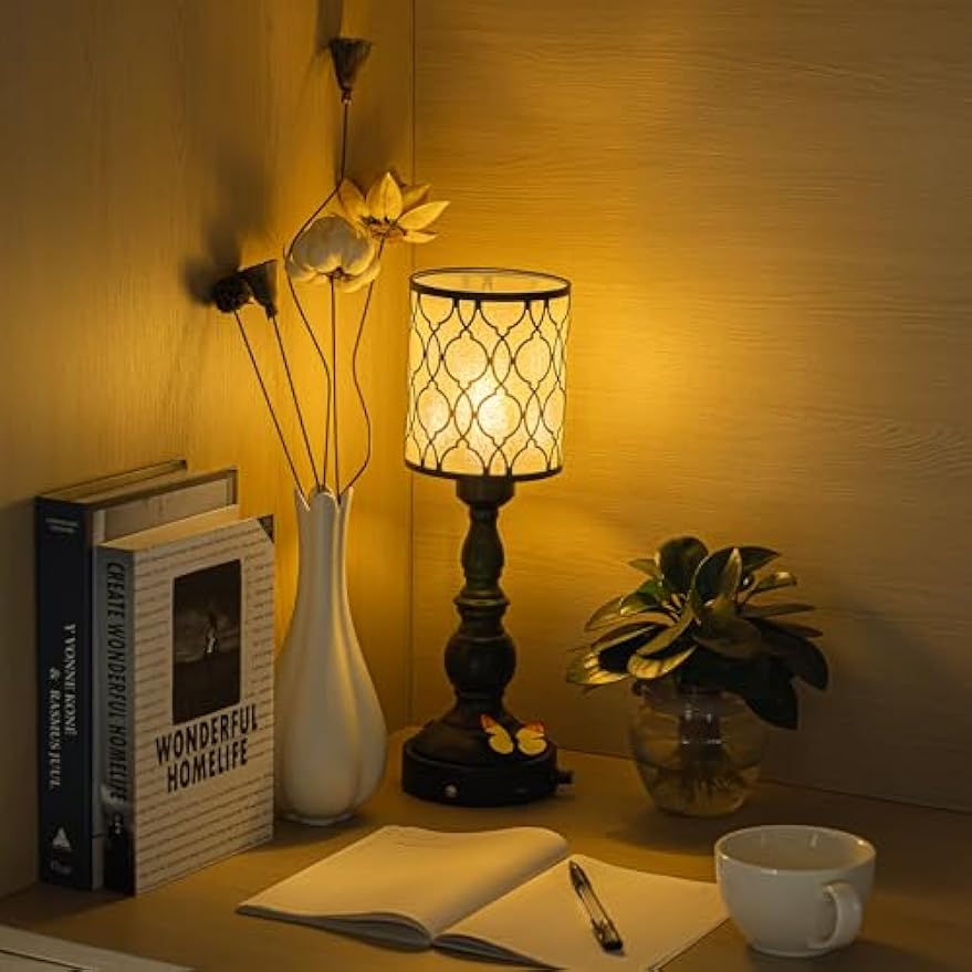Kiven Cordless Table Lamp,Dimmable Rustic Farmhouse Bedside Desk Lamps with Metal Lampshade,2700K Warm White, Rechargeable Nightstand Lamp for Office Home Decor Bedside DZ0484
