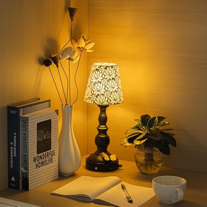 Kiven Cordless Table Lamp,Dimmable Rustic Farmhouse Bedside Desk Lamps with Metal Lampshade,2700K Warm White, Rechargeable Nightstand Lamp for Office Home Decor Bedside DZ0482