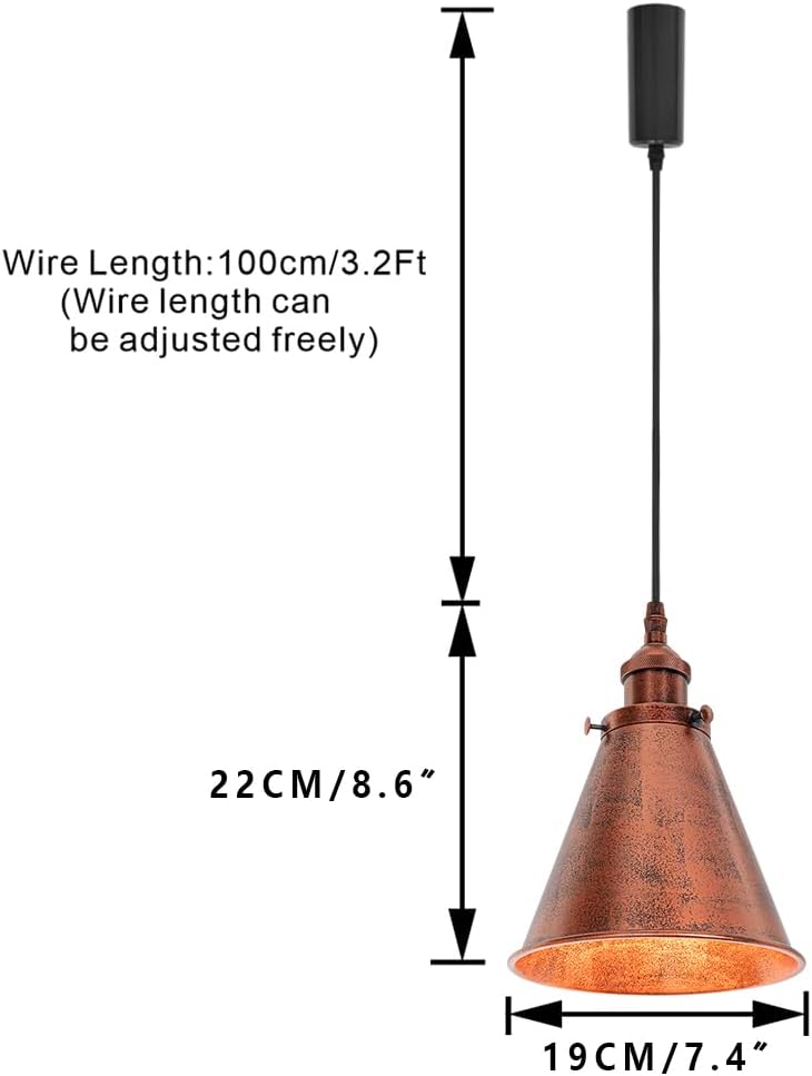 Adjustable track lamp, rust metal cone shade, vintage pendant lighting for kitchen and home, adjustable wire length.