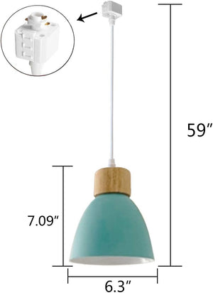 Kiven Macaron Blue Track Pendant Light with Wood Accent, dimensions 59" total height, 7.09" shade height, 6.3" shade diameter