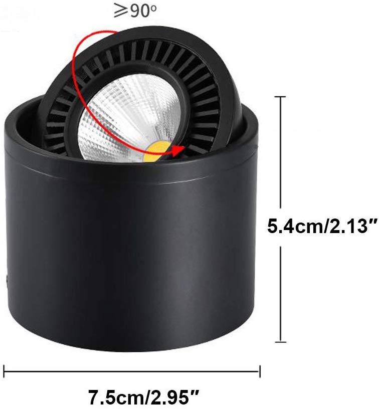 Black 5W LED Barrel Spotlight, adjustable spotlight with 90-degree rotation, 2.95-inch diameter, ideal for accent lighting.