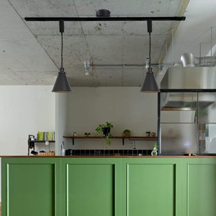 Black cone shade track lamp pendant lighting over kitchen counter, adjustable cord, vintage industrial style.