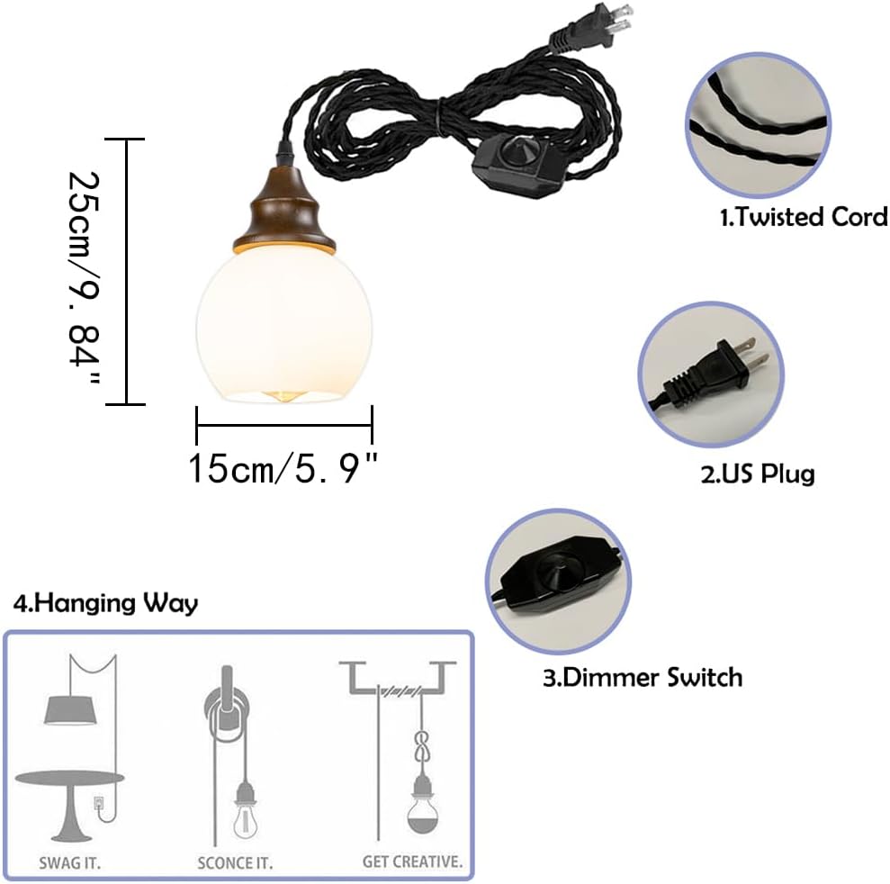 15ft Dimmable Cord Plug-in Pendant E26 Walnut Base White Glass Ball Shade Hanging Light Vintage Decor for Kitchen Home Office(No Bulb)
