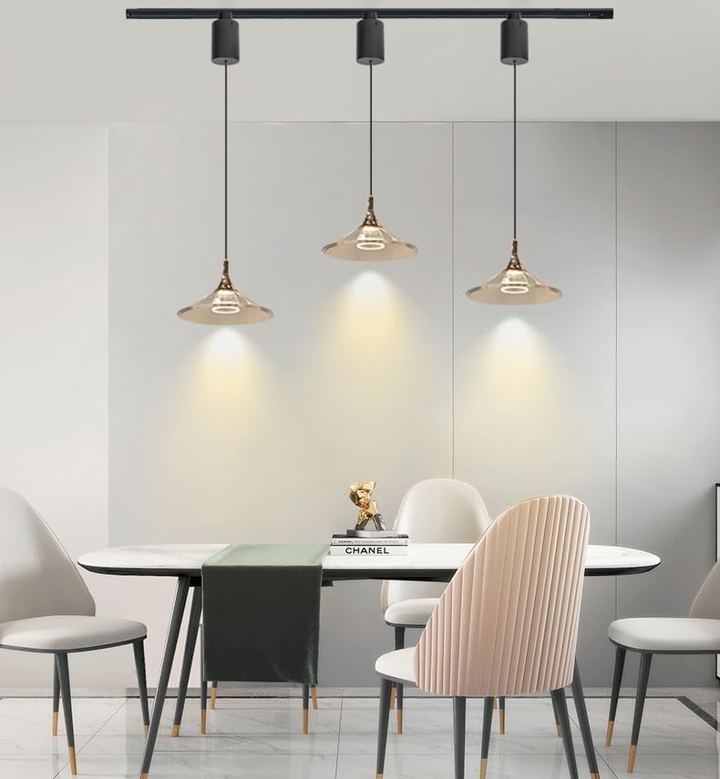 Adjustable 3-Lights Track Pendant Light with gold lampshades, ideal for dining area or kitchen island lighting.