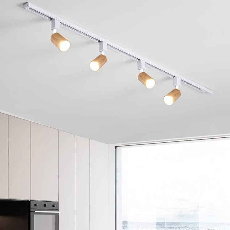 Adjustable track head lights with wood grain finish, 8W LED accent lighting, perfect for kitchen, galleries, and studios.
