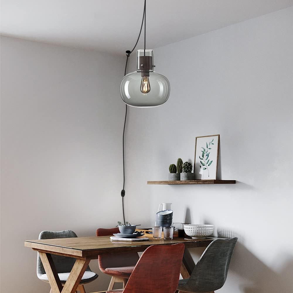Kiven Pendant Light Equipped with Dimmable Lighting Wire（177.16 inches）,E26 1-Light Modern Simple Creative Glass Scandinavia Chandelier for Hotel Bar Restaurant-Smoky Grey(Bulb Not Included)