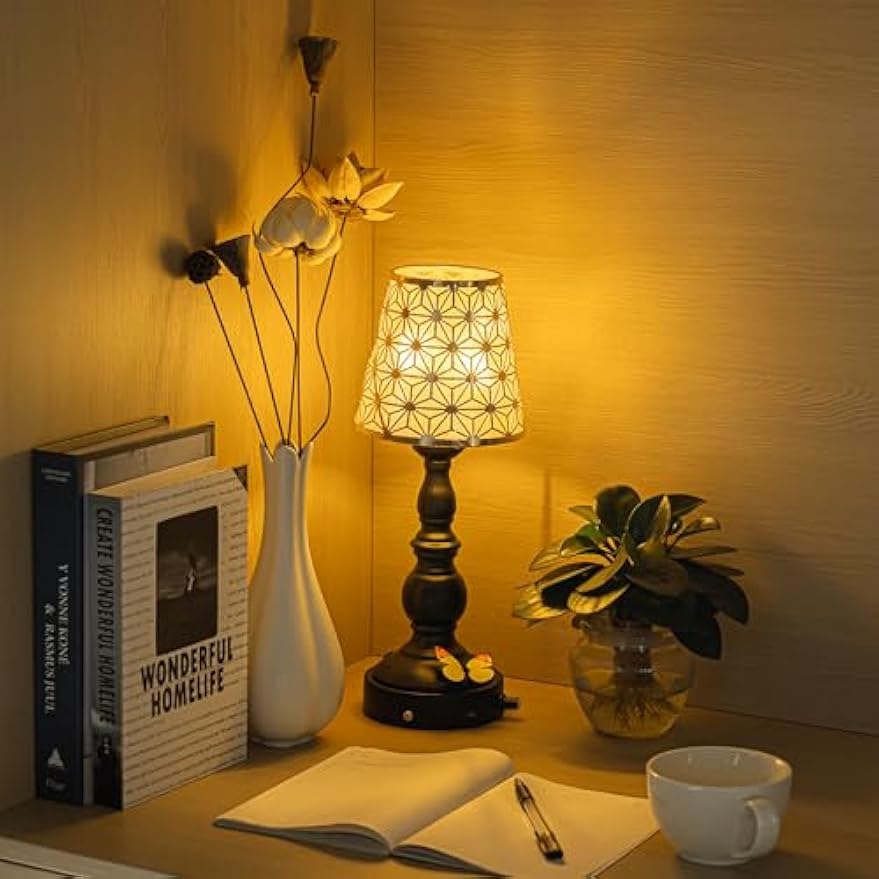 Kiven Cordless Table Lamp,Dimmable Rustic Farmhouse Bedside Desk Lamps with Metal Lampshade,2700K Warm White, Rechargeable Nightstand Lamp for Office Home Decor Bedside DZ0470
