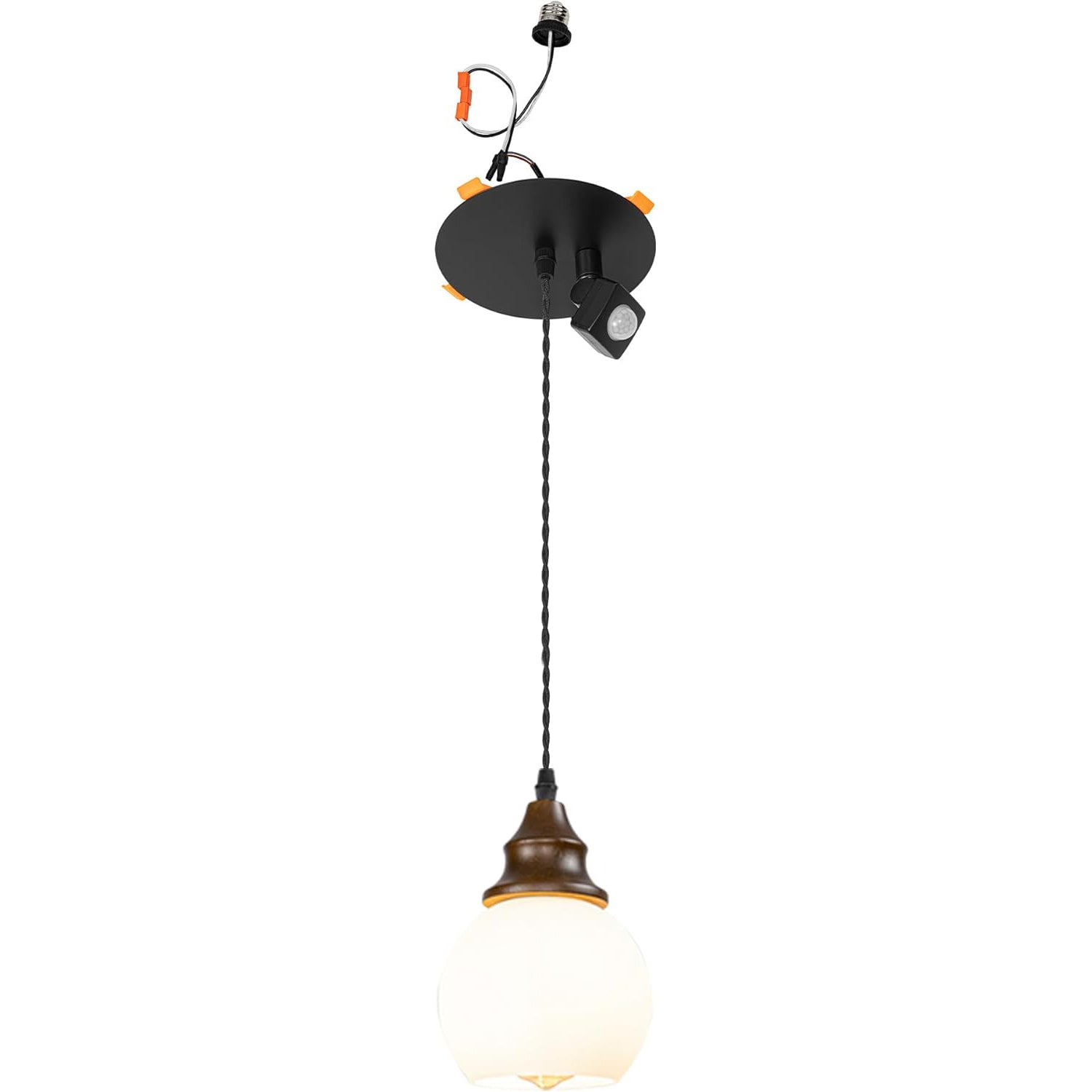 1 Pcs Recessed Retrofit Pendant Conversion Kit E26 Power Connector 3.2 Ft Adjusted Cord E26 Walnut Base White Glass Ball Shade Motion-Activated Hanging Light Vintage Decor