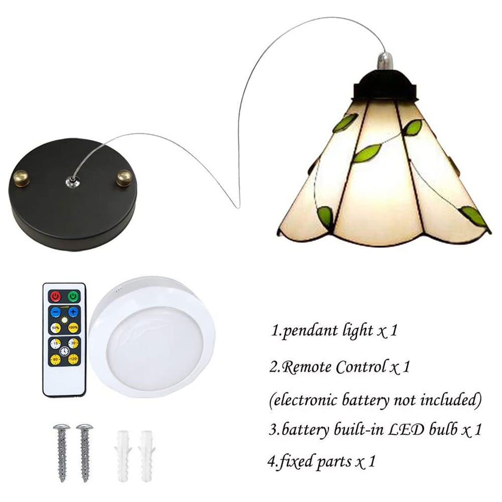 Battery operated pendant light with Tiffany glass, remote control, adjustable iron cable from Kiven Lighting.